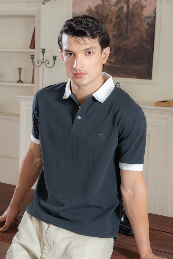 Contrast Collar Gray Pique Polo
