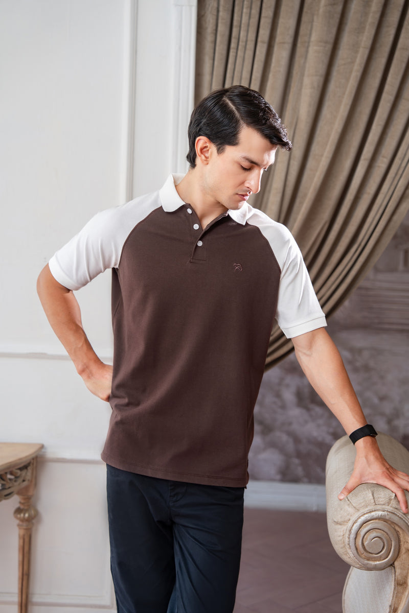 Raglan Brown Contrast Pique Polo