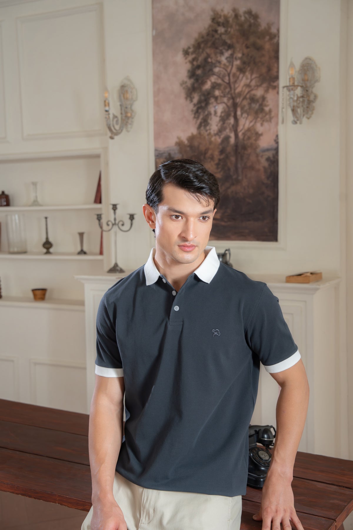 Contrast Collar Gray Pique Polo