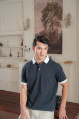 Contrast Collar Gray Pique Polo