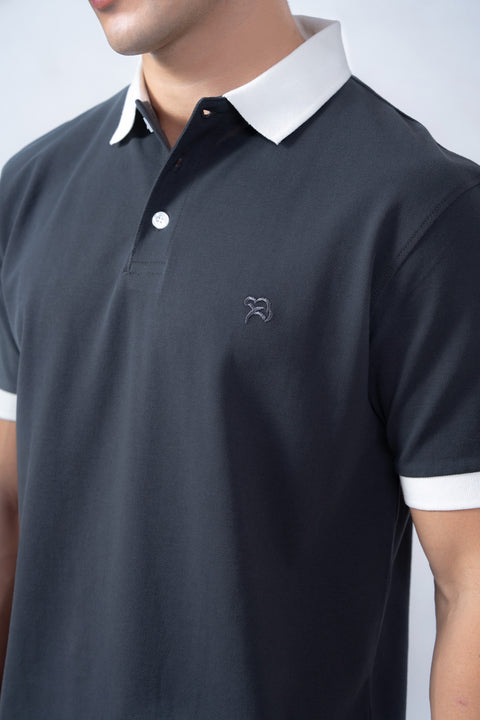 Contrast Collar Gray Pique Polo