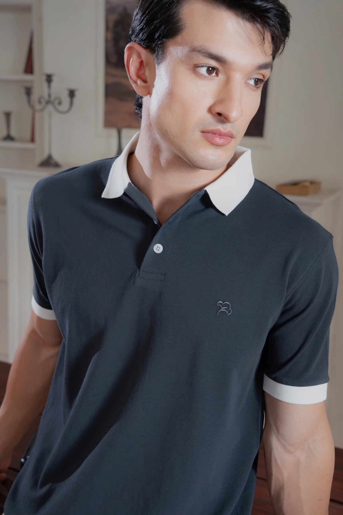 Contrast Collar Gray Pique Polo