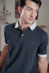 Contrast Collar Gray Pique Polo