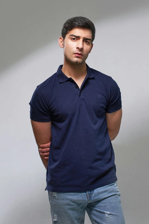 mens blue pique polo shirt with unique design