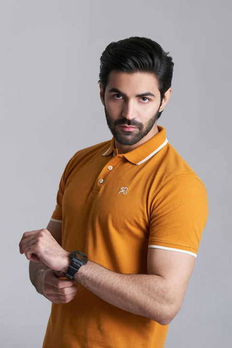 mens exclusive mustard polo with tipping detail