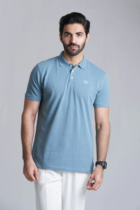 mens smoke blue pique polo for casual wear