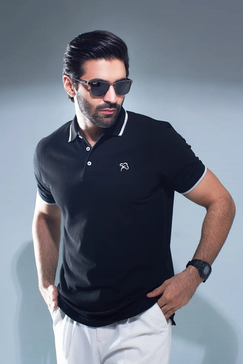 refined black vogue pique polo shirt for casual outfits