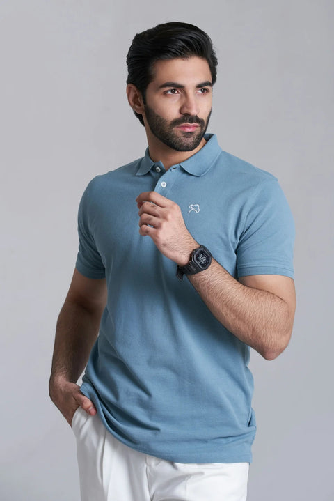 stylish smoke blue pique polo shirt